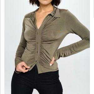 NEW Fashion Boutique Stretchy Long Sleeve Ruched Top - Olive